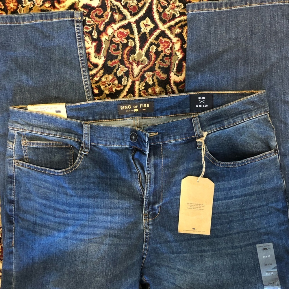 NWT  men's ring of fire slim stretch jeans, 38 x 30